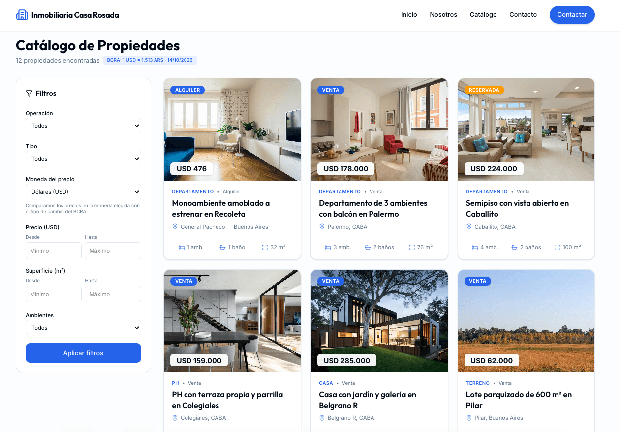 Catálogo de G&S Propiedades en computadora, con fotos, precios y filtros de búsqueda