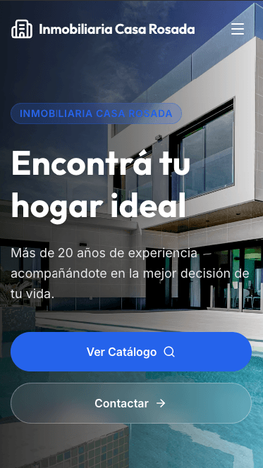 Página de presentación de una inmobiliaria en celular, con acceso al catálogo y contacto